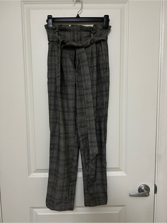 H&M Pants - H&M Gray Plaid Paperbag Waist Straight Leg Trousers